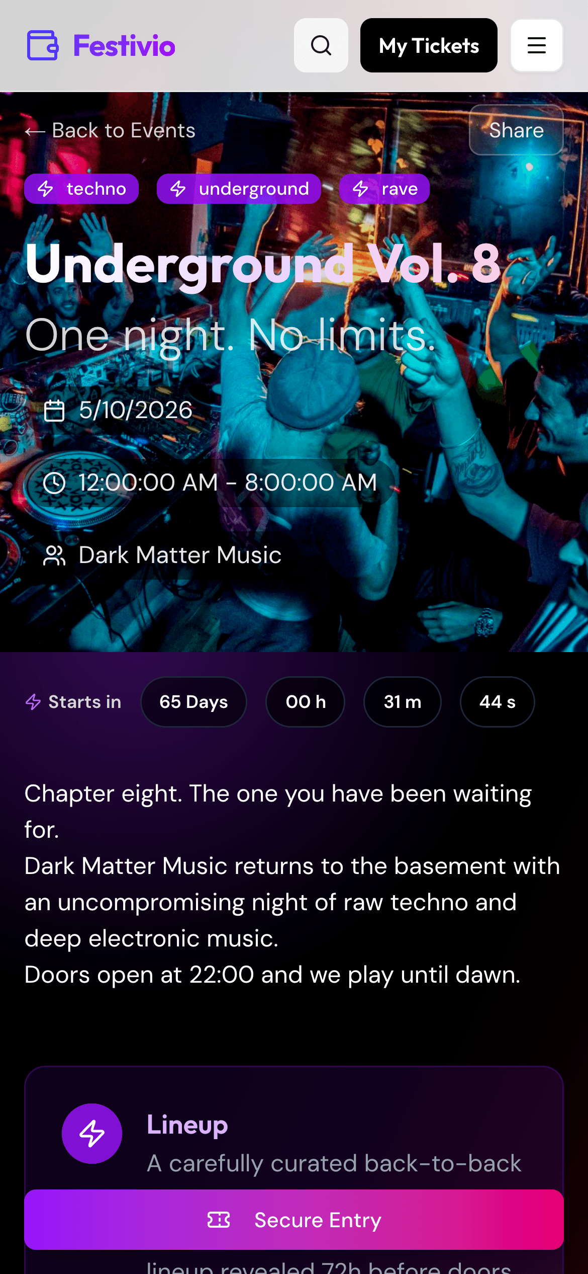 Festivio event page screenshot